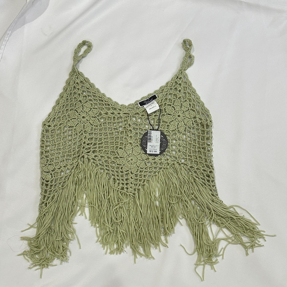 Elegant Crochet Camisole with Fringe in Sage
